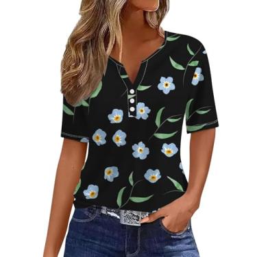 Imagem de Blusa feminina com estampa floral de verão 2024 Henley gola V manga curta casual blusas soltas da moda roupas, Vinho, E