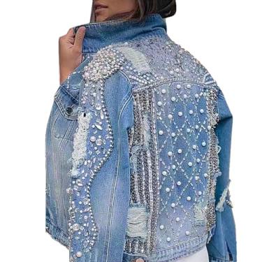 Imagem de Fashion SX Jaqueta jeans feminina, jaqueta de lantejoulas curta com contas feitas à mão, jaqueta de motociclista, Azul, G