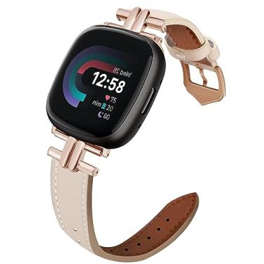 Imagem de Pulseira de couro compatível com Fitbit Versa 4/Sense 2 pulseiras para mulheres, elegante pulseira de couro fina compatível com Fitbit Sense/Versa 3 fivela de metal luxuosa (bege/ouro rosa)