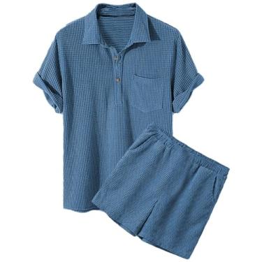 Imagem de Eisctnd Camisa masculina casual de praia de veludo cotelê de manga curta para verão, cor lisa, camisa de botão elegante, Azul, Large