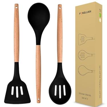 Imagem de FONGLUAN Utensílios de cozinha. Conjunto de 3, conjunto de utensílios de cozinha de silicone, espátula/espátula, colheres com cabo de madeira, resistente ao calor, panelas antiaderentes, seguro para