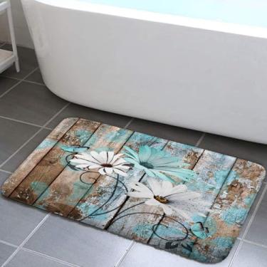 Imagem de Tapete de banho com flores florais de fazenda, margarida azul-petróleo, tábua de madeira rústica, madeira de celeiro, azul turquesa, antiderrapante, flanela, macio, capacho de entrada, para uso