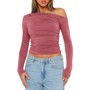 Imagem de Blusa feminina de manga comprida com ombro de fora Y2k cropped slim justa sólida básica camisetas casuais para sair, Vermelho melancia, M