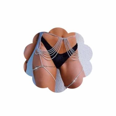 Imagem de Bomine Vestido de prata com strass na cintura e corrente corporal, biquíni sexy de cristal, correntes brilhantes para o corpo da boate, joia corporal para mulheres e meninas