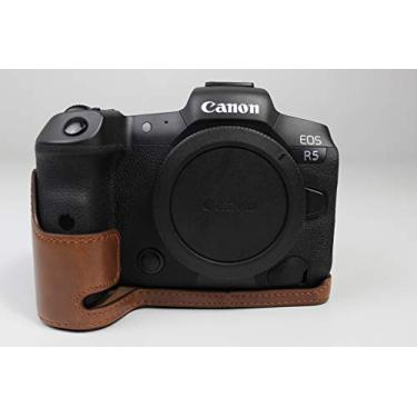 Imagem de Capa R5 R6, capa BolinUS feita à mão de couro PU meia câmera versão abertura inferior para Canon Eos R5 R6 com alça de mão (café)