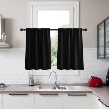 Imagem de KGORGE Cortinas blackout curtas para cozinha, isolamento térmico de privacidade para janela pequena, cortinas traseiras para quarto, banheiro, café, trailer, L86 x C91 cm, preta, 2 painéis