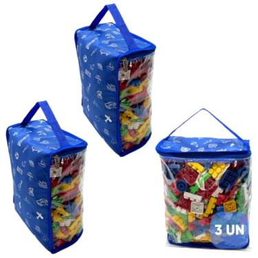 Imagem de Kit 3 Organizadores Brinquedos Criança Infantil Educativo Didático Blocos de Montar Carrinhos Boneca - M (Azul)