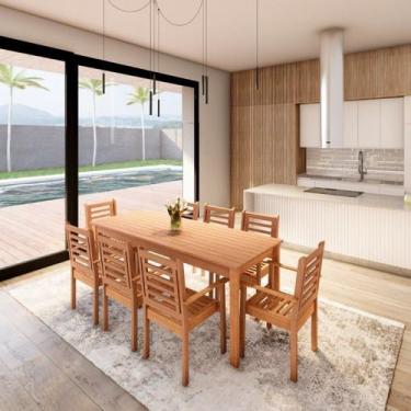 Imagem de Conjunto Mesa com 8 Cadeiras Empilháveis Madeira Maciça - Cedro Rosa