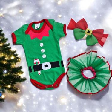 Imagem de Kit 3 pçs Elfo Natalino Mesversário roupinha de bebê Menina Verde Aces