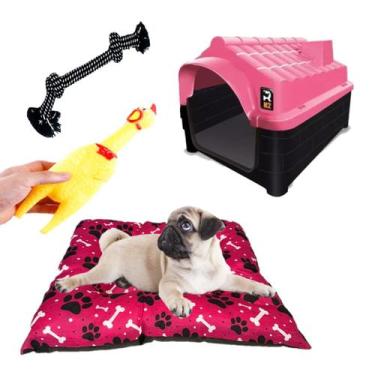 Imagem de Casa Casinha N2 Rosa + Colchonete Rosa e Brinquedos Pet - MecPet