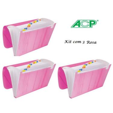 Imagem de Pasta Sanfonada Plastica A4 12 Div. Rosa Kit c/3 Pcs ACP