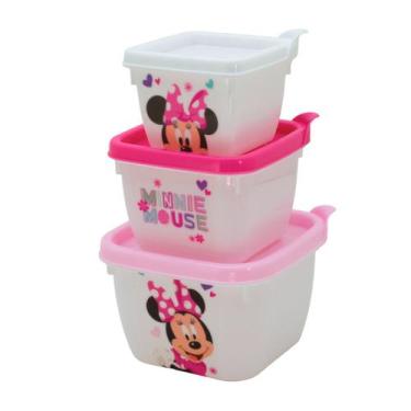 Imagem de Pote Minnie Rosa Infantil Kit com 3 Marmitas para lanche Escolar Plasú