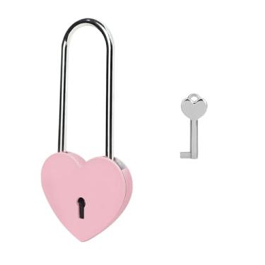 Imagem de Gradleen Cadeado de coração único rosa de 3,5 polegadas com chave, cadeado de amor de 50 mm de metal brilhante para ponte Lovelock, caixa de joias, livro diário, caixa de cartão