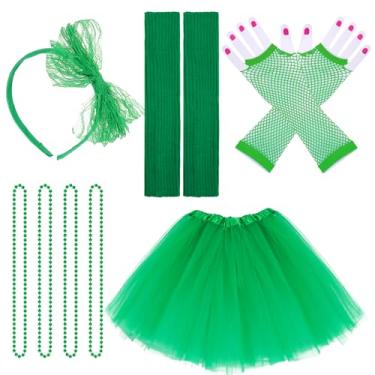 Imagem de jiebor Acessórios de fantasia dos anos 80 para mulheres, saia tutu, faixa de cabeça, polainas arrastão e luvas, colar, festa de Halloween, Verde escuro, One Size