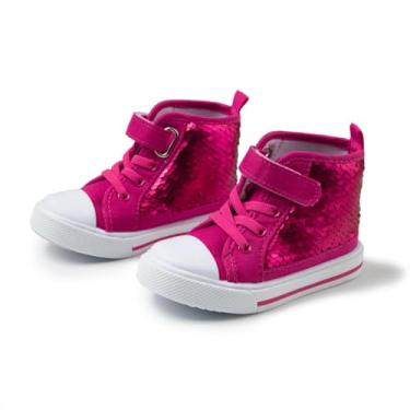 Imagem de Kannior Tênis infantil unissex clássico de lona com lantejoulas, cano alto, sem cadarço, jeans, glitter, casual, brilhante, que muda de cor, sapatos de caminhada, A1 - vermelho, 7.5 Toddler