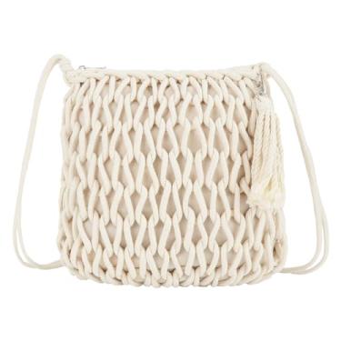 Imagem de Van Caro Bolsa de ombro feita à mão de palha de algodão com borlas de crochê para mulheres, 8137 Branco cremoso, One Size