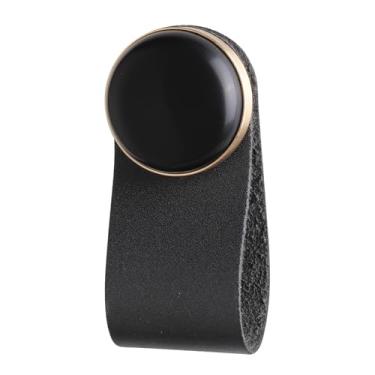 Imagem de Rockcloud Pacote com 2 puxadores redondos de obsidiana com couro preto, puxador circular polido para armários, cômodas, banheiro, decoração de escritório em casa