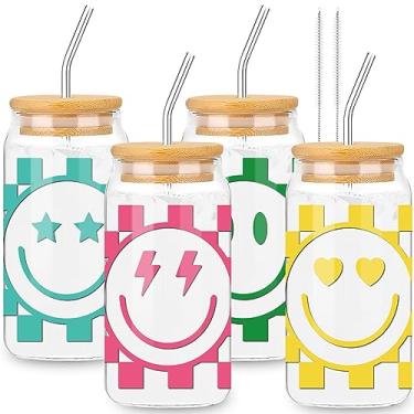 Imagem de Whaline Pacote com 4 copos xadrez preppy copos Happy Face Copos de bebida 473 ml Ice Coffee com tampa de bambu e canudo para coquetel, uísque, cerveja, refrigerante, decoração, presente