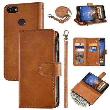 Imagem de Furiet Capa carteira para Google Pixel 3a XL com alça de pulso e alça de ombro flip de couro elegante 6 porta-cartões acessórios de celular com zíper capa de telefone para Pixel3aXL Pixle 3aXL A3