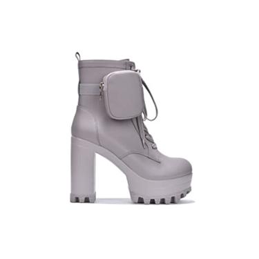 Imagem de Cape Robbin Monik Botas de salto plataforma Chalsea para mulheres - Botas femininas elegantes no tornozelo - Botas de salto com salto grosso - Botas femininas com bolsa, Cinza, 38