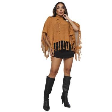 Imagem de Poncho Feminino Inverno Tricot Gola Alta Bico Franjas Luxo - Swiss Bou