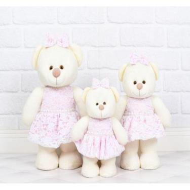Imagem de Trio de ursos pelucia palha vestido de renda rosa - CKD CONFECÇÕES