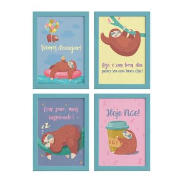 Imagem de Quadros Bicho Preguiça Moldura Azul 22x32cm 4un - Quartinhos