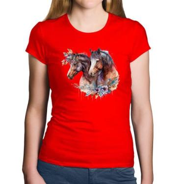 Imagem de Baby Look Algodão Casal de cavalos e flores - Foca na Moda, Vermelho, 