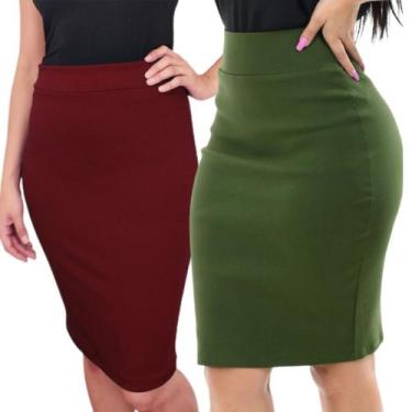 Imagem de Kit 2 Saia Lapis Midi Bengaline Feminina Lisa Secretária Cintura Alta 