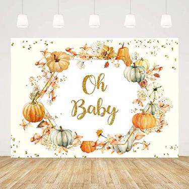 Imagem de ABLIN 7x5ft Oh Baby Backdrop Boy Girl Baby Shower Party Decorations Autumn Pumpkin Flowers Golden Dots Photography Background Newborn Kids Birthday Party Photo Props, Multicolor