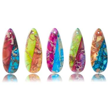 Imagem de Flemtai Conjunto de 5 pingentes de lágrima de jaspe imperial, pingentes de pedra natural para fazer joias faça você mesmo, colares, pulseiras, brincos, Pedra, pedra imperador