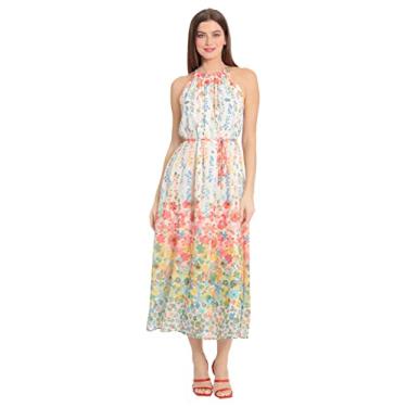 Imagem de Maggy London Maxi feminino estampado floral frente única com laço na cintura, Marfim/coral pêssego, 34