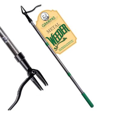 Imagem de Removedor de ervas daninhas de metal Grampa's - Ferramenta extrator de ervas daninhas com cabo longo de aço - Feito com cabo de aço e cabeça de aço de 4 garras - Remova facilmente ervas daninhas sem