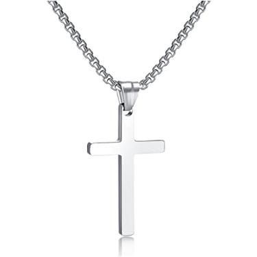 Imagem de HSWYFCJY Colar de cruz para homens, prata, preto, ouro, aço inoxidável, simples, pingente de cruz, colar com pingente de cruz, joia fiel para meninos e filhos, corrente 40, 50, 56 cm, Chain 16.0