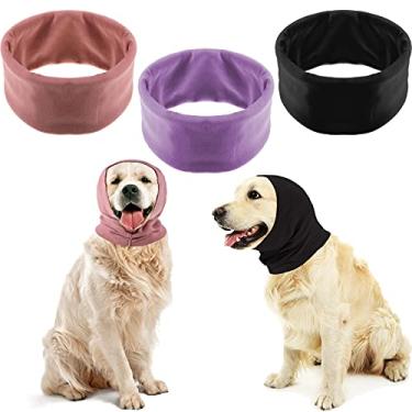 Imagem de 3 peças de capa de orelha silenciosa para cães que não agita a cabeça, capuz calmante, faixa de cabeça para redução de ruído, cachecol de inverno (grande, preto, rosa, roxo)