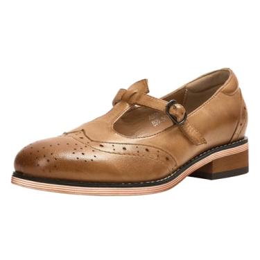 Imagem de Mona flying Sapato feminino de couro Wingtip Oxford Mary Jane Mocassim casual com tira em T para mulheres, Marrom claro, 36