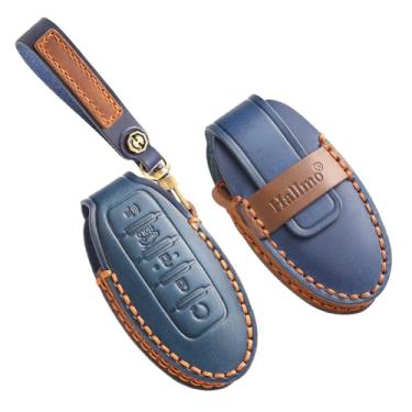 Imagem de HIBEYO Capa de chaveiro personalizável compatível com Nissan Altima Sentra Rogue Pathfinder Murano Armada Maxima Versa Acessórios Couro Genuíno Chaveiros Personalizados - 5 Botões Azul