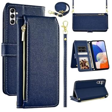 Imagem de Furiet Capa carteira de luxo para Samsung Galaxy S24 Plus/S25 Plus S24+ S25+ 5G com alça de pulso alça de ombro e zíper, capa de celular com suporte para S24Plus 24S + S 24 24+ S25Plus 25S 25+ azul