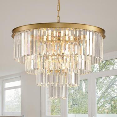 Imagem de Lustres de cristal dourado moderno lustre de cristal de 4 andares lustre de sala de jantar redondo grande pingente de cristal contemporâneo pendurado luminárias de teto para sala de estar quarto hall
