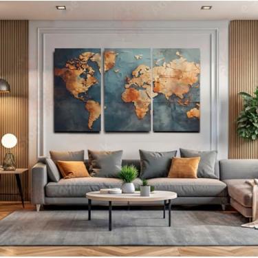Imagem de Quadro Mapa-Múndi Triplo Vintage - Decoração em Tela Acetinada, Tons Terrosos e Azuis, Pronto para Pendurar (180x95cm)