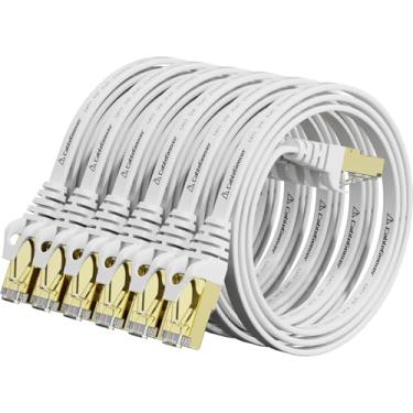 Imagem de Cabo Ethernet blindado Cat 7 (cabo de alta velocidade) Cat7 cabos de patch Ethernet plano - cabo de Internet para modem, roteador, LAN, computador - compatível com Cat 5e, rede Cat 6, 1.5ft 6Pack White, 1.5 feet