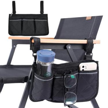 Imagem de JXhuqing Bolsa lateral para cadeira de rodas – bolsa impermeável para apoio de braço para cadeira de rodas – com suporte de copo e bolso lateral refletivo – organizador de armazenamento com vários