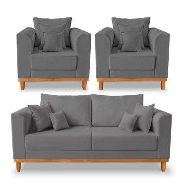 Imagem de Kit Sofá 3 Lugares e 2 Poltronas Beny Viena Para Recepção Suede Grafite - Madeira Prima Deccor