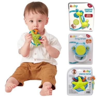 Imagem de Kit Auby 03 Brinquedos Baby Mordedor chocalho Tambor musical