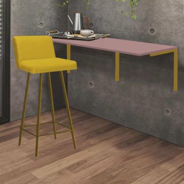 Imagem de Kit Mesa Suspensa de Parede Fixa mdf Rosa + 1 Banqueta Lexi Ferro Dourado Suede Amarelo - Ahazzo Móveis