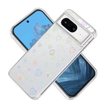 Imagem de CameCosy Capa para celular Google Pixel 8 de 6,2 polegadas transparente TPU com design de corações coloridos com glitter a laser, capa protetora antiarranhões à prova de choque para mulheres