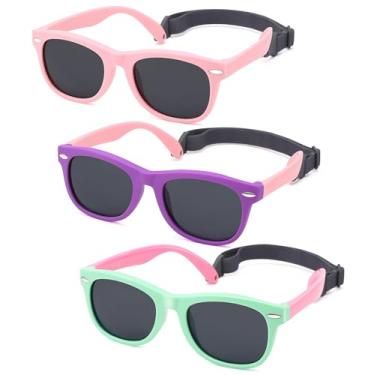 Imagem de Óculos de sol polarizados para bebês com alça - Óculos de sol infantis flexíveis inquebráveis para crianças de 0 a 24 meses (Rosa/Cinza + Roxo Rosa/Cinza + Verde Rosa/Cinza) - Pacote com 3