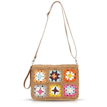 Imagem de QTKJ Bolsa de praia para mulheres, bolsa clutch de palha boho com alça de couro ajustável, transversal adequada para férias e viagens diárias, Caqui, One Size
