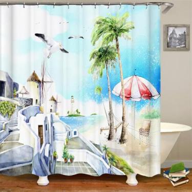 Imagem de Cenário litorâneo Praia Banheiro Cortina de chuveiro Decoração para casa Cortina Anti-mofo Cortinas de chuveiro à prova d'água com gancho, DM4075, L180 x A180 cm