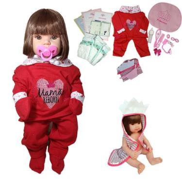 Imagem de Boneca Bebê Mamãe Reborn Silicone Bolsa 28 Itens Vermelho